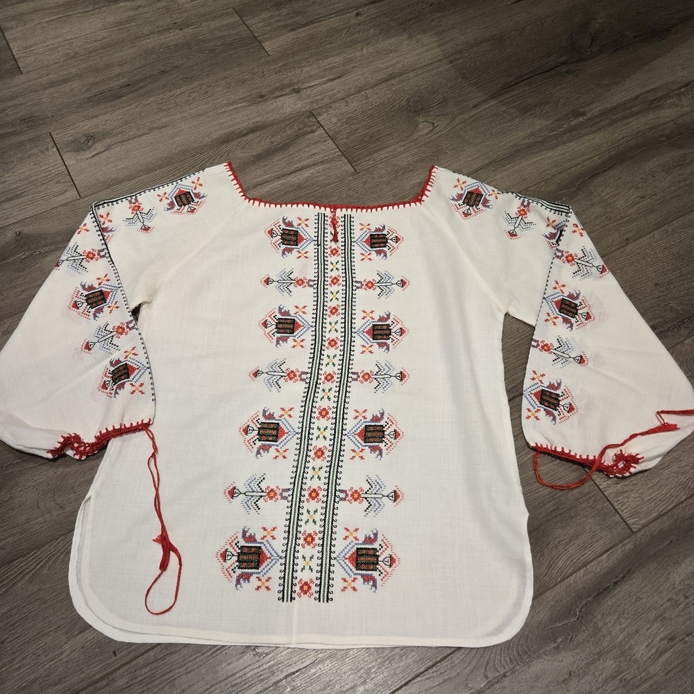 Bohemian White Cotton Tunic and Red Embroidered Blouse